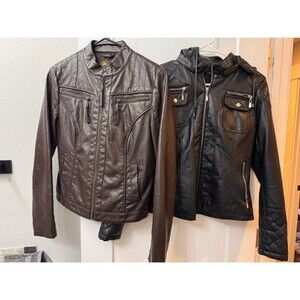 2 small leather motorcycle  jackets brown and black with hood